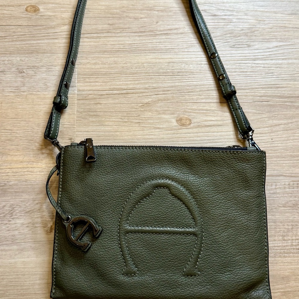 Olive Green Leather Crossbody Bag with Embossed A